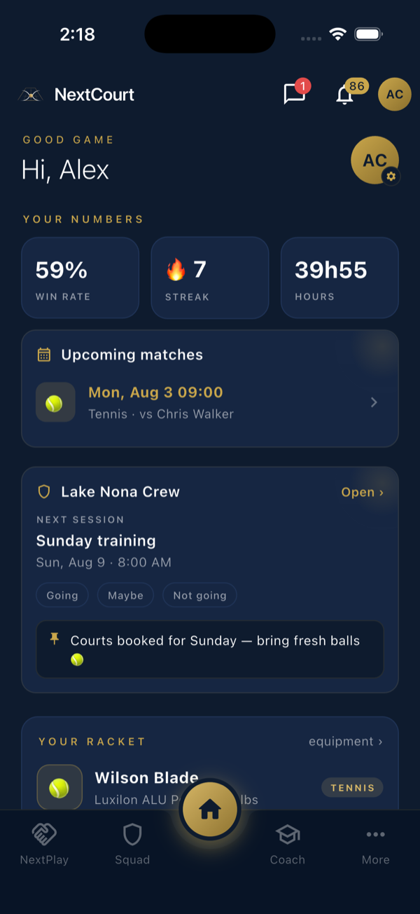 NextCourt app home screen: player stats, upcoming matches, squad training and racket tracking